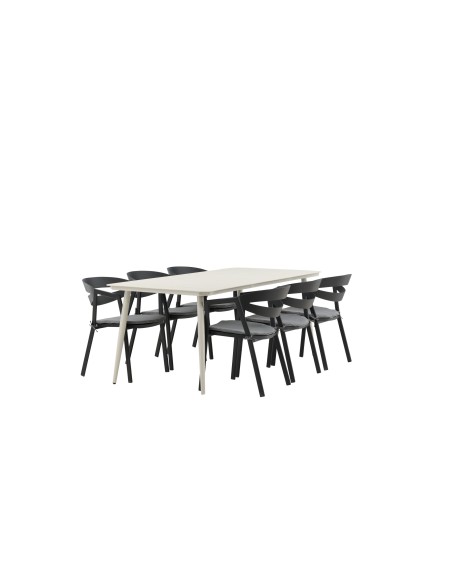 Matgrupp Lina med Slit matstolar, 200 × 90 cm, Beige/Svart/Grå