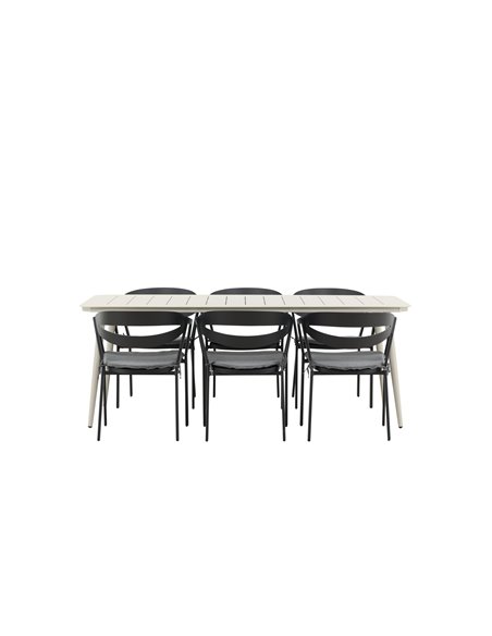 Matgrupp Lina med Slit matstolar, 200 × 90 cm, Beige/Svart/Grå