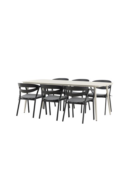 Matgrupp Lina med Slit matstolar, 200 × 90 cm, Beige/Svart/Grå