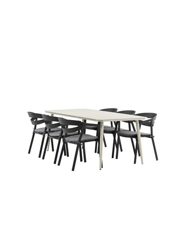 Matgrupp Lina med Slit matstolar, 200 × 90 cm, Beige/Svart/Grå