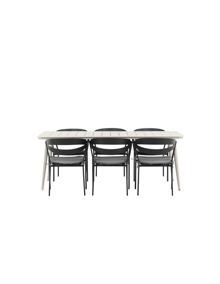 Matgrupp Lina med Slit matstolar, 200 × 90 cm, Beige/Svart/Grå