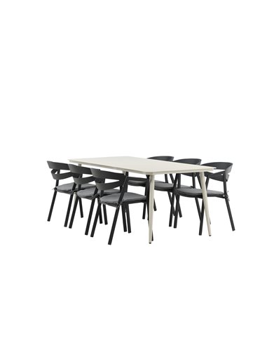 Matgrupp Lina med Slit matstolar, 200 × 90 cm, Beige/Svart/Grå